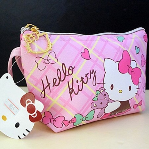 Sanrio Hello Kitty Cosmetic Bag Pink Yellow Plaid - Picture 2 of 5
